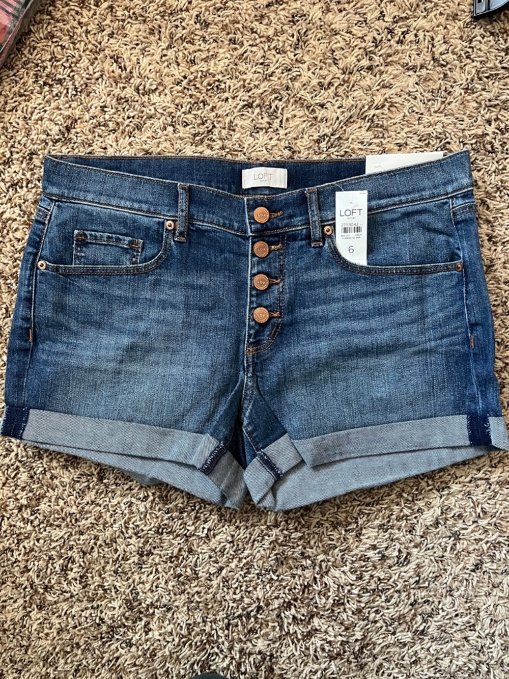 LOFT Medium Blue Button-Front Cuffed Jean Shorts